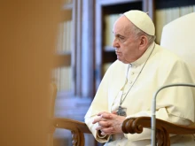 Pope Francis at his general audience address in the library of the Apostolic Palace May 5, 2021.